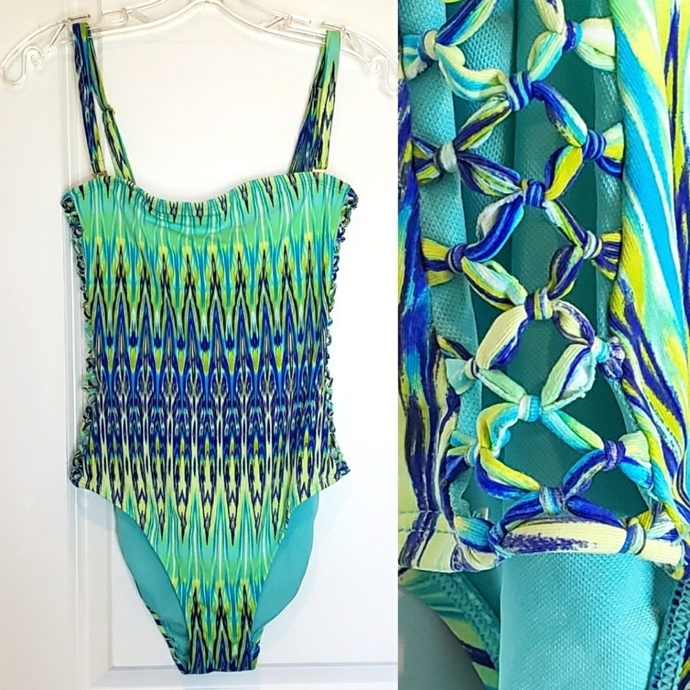 BLEU Rod Beattie Side Knot Cut Out One Piece Swimsuit Green Blue Print 4